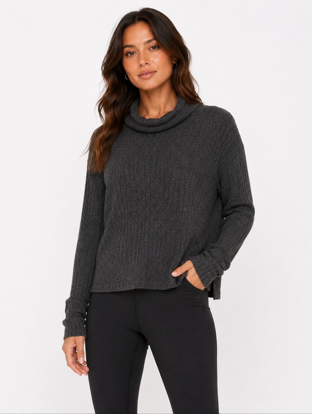 Athleta Transit Pullover Sweater Ribbed Size S Dark Grey Turtleneck Cowl Neck